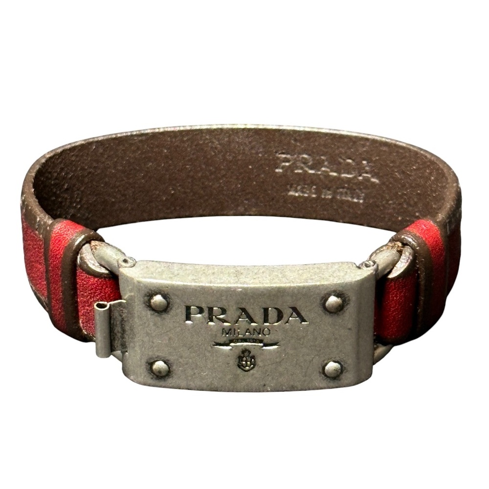 Prada License Plate Leather Cuff Bracelet - Unisex Style